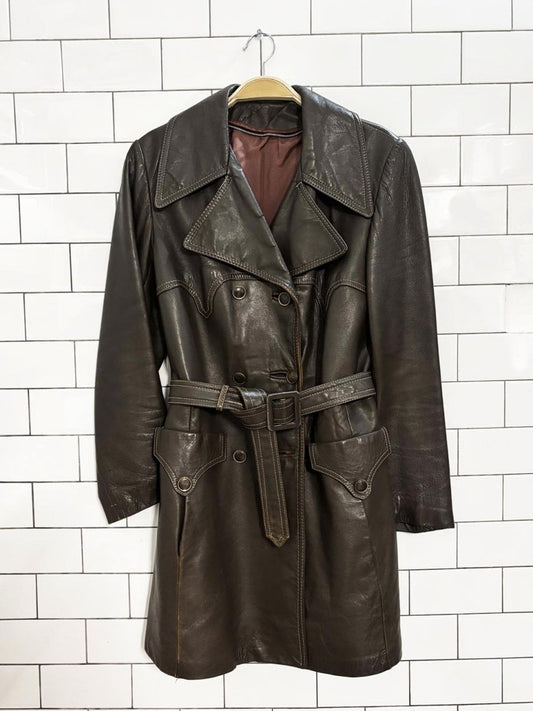 vintage 70s olympic leather western belted trench coat - good market thrift store