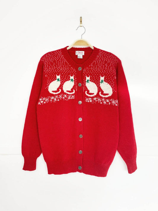 vintage 70s orvis 100% wool holiday kittens hand - embroidered cardigan - good market thrift store