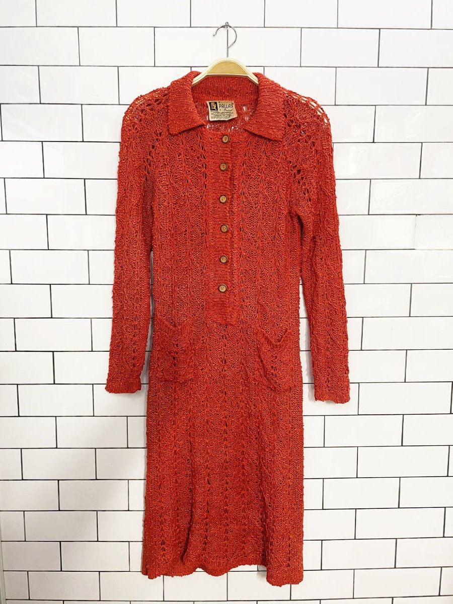 vintage 70s pallas 100% irish linen crochet knit half button midi dress | hand-loomed in ireland - good market thrift store