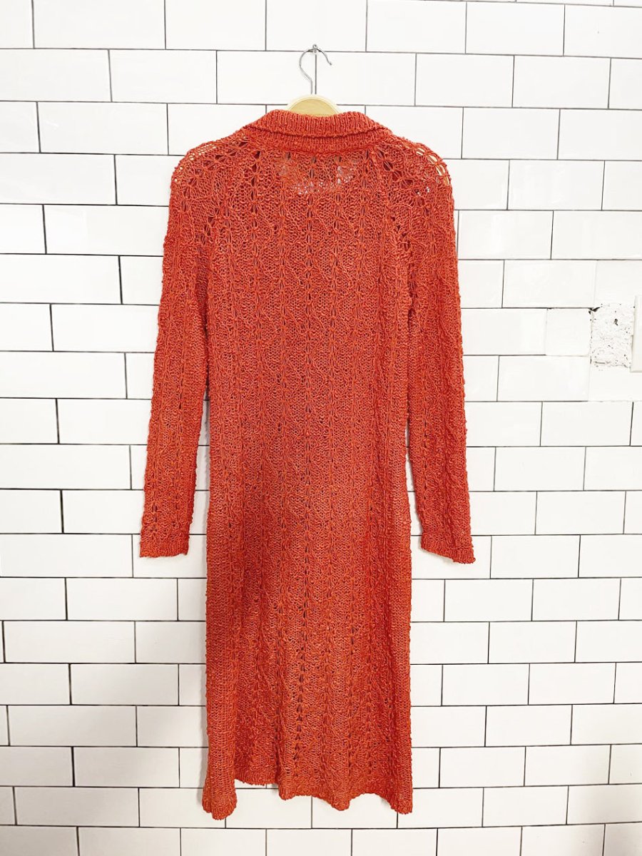 vintage 70s pallas 100% irish linen crochet knit half button midi dress | hand-loomed in ireland - good market thrift store