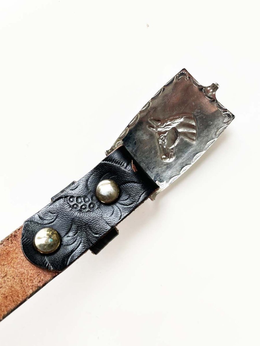 vintage 70s princeton tooled leather horse buckle western belt - good market thrift store