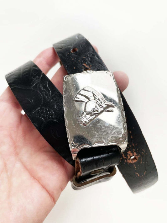 vintage 70s princeton tooled leather horse buckle western belt - good market thrift store