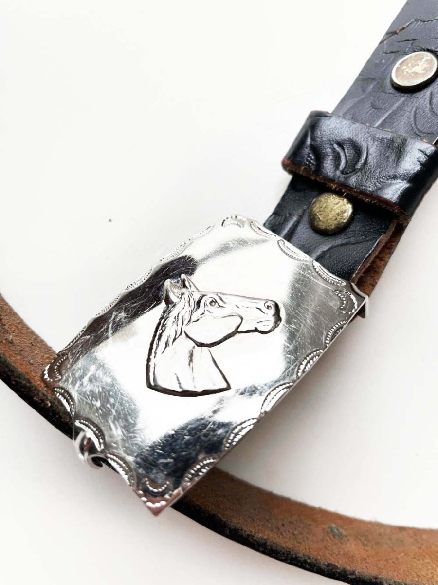 vintage 70s princeton tooled leather horse buckle western belt - good market thrift store