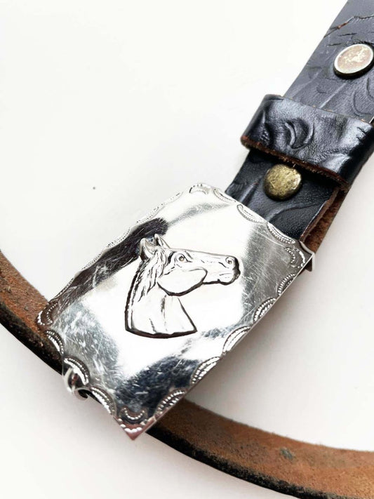 vintage 70s princeton tooled leather horse buckle western belt - good market thrift store