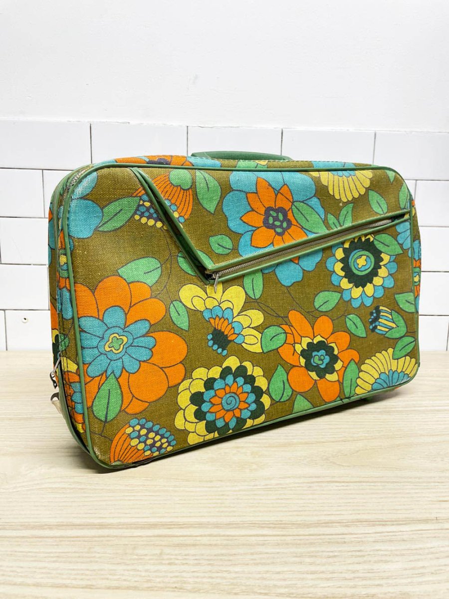 vintage 70s retro foral canvas carry - on suitcase | made in taiwan - good market thrift store