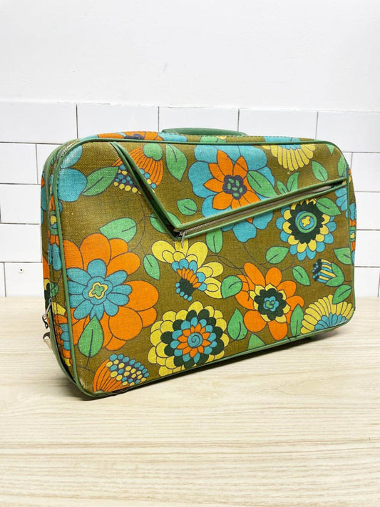 vintage 70s retro foral canvas carry - on suitcase | made in taiwan - good market thrift store