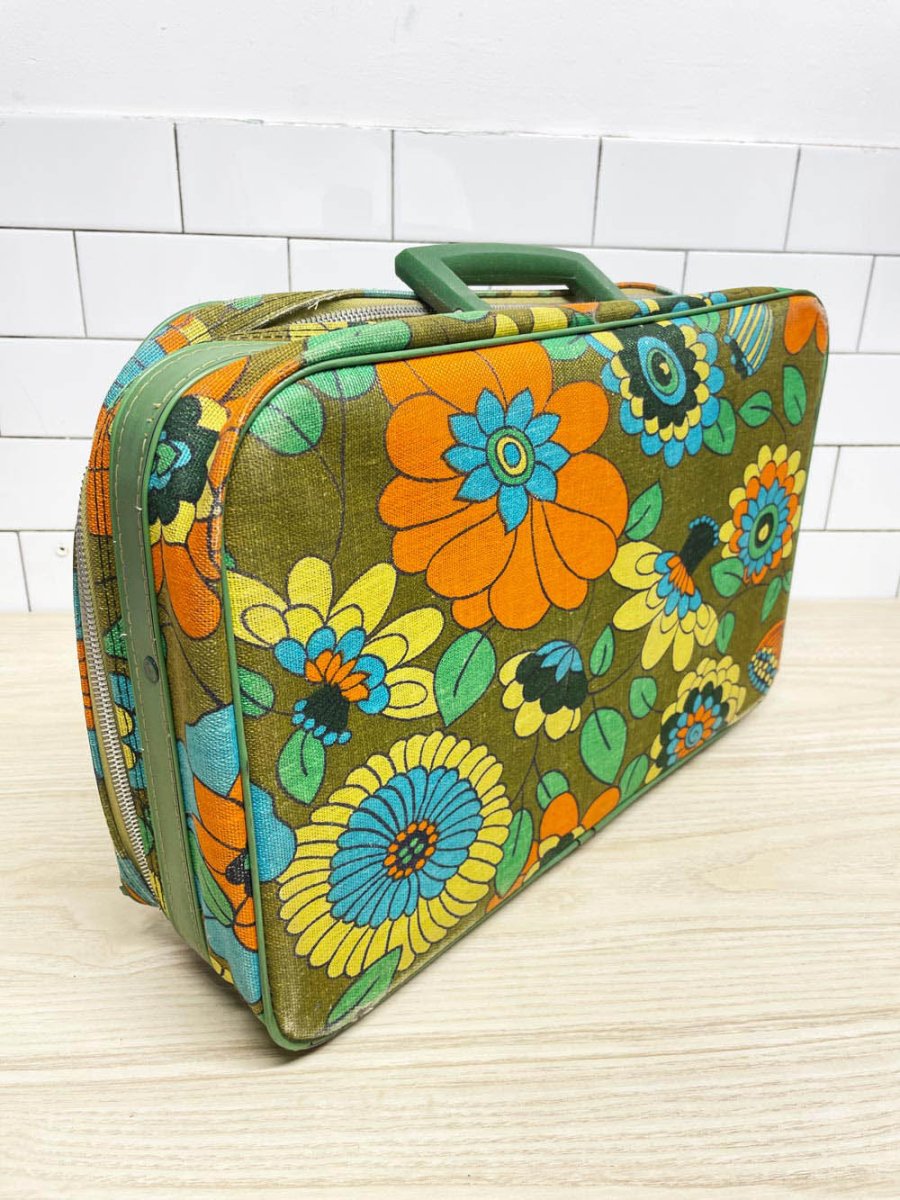 vintage 70s retro foral canvas carry - on suitcase | made in taiwan - good market thrift store