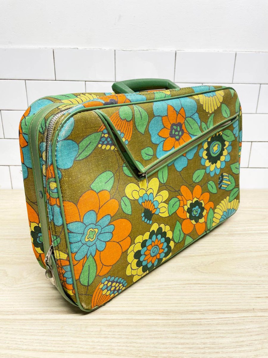 vintage 70s retro foral canvas carry - on suitcase | made in taiwan - good market thrift store