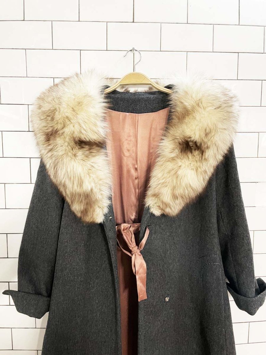 vintage 70s sterling stall fox fur collar belted wool coat - good market thrift store