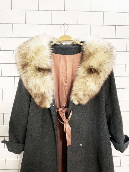 vintage 70s sterling stall fox fur collar belted wool coat - good market thrift store