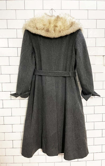 vintage 70s sterling stall fox fur collar belted wool coat - good market thrift store