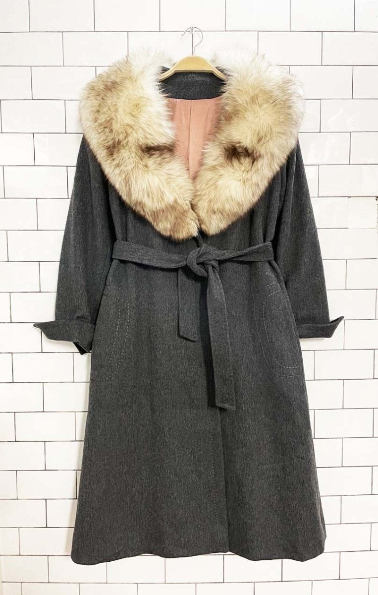 vintage 70s sterling stall fox fur collar belted wool coat - good market thrift store
