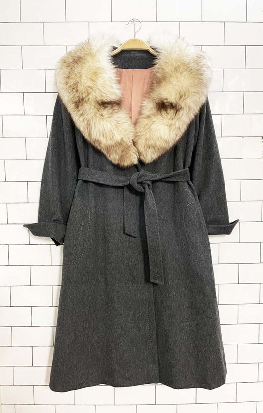 vintage 70s sterling stall fox fur collar belted wool coat - good market thrift store
