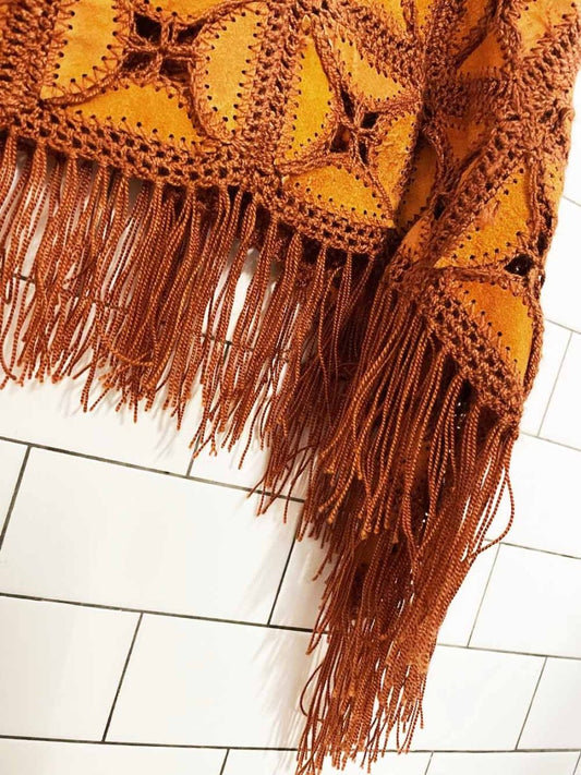 vintage 70s suede crochet knit poncho | leather - good market thrift store