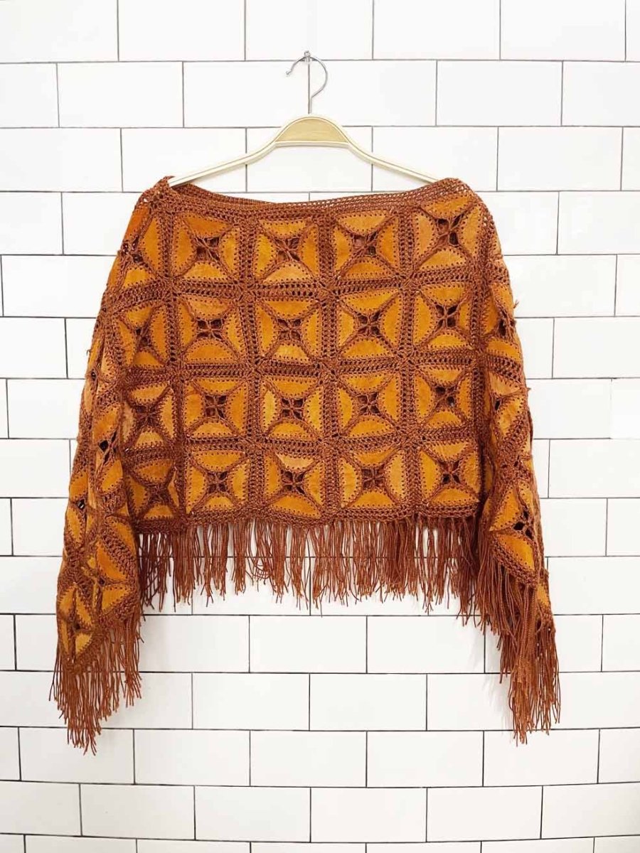vintage 70s suede crochet knit poncho | leather - good market thrift store