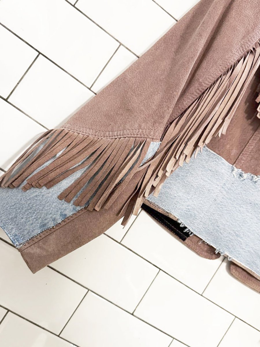 vintage 70s suede + denim detail western fringe jacket | made in Canada - good market thrift store