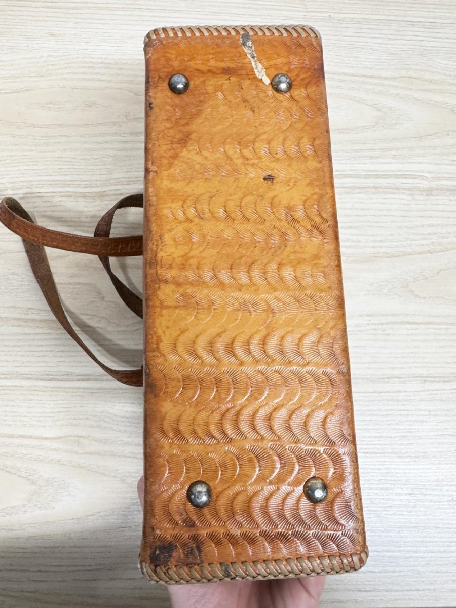 vintage 70s tooled leather braided edge structured handbag | lightning zipper - good market thrift store