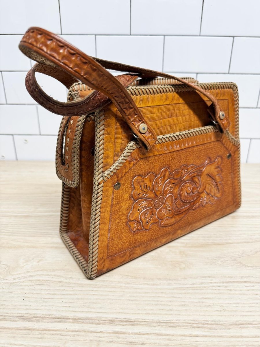 vintage 70s tooled leather braided edge structured handbag | lightning zipper - good market thrift store