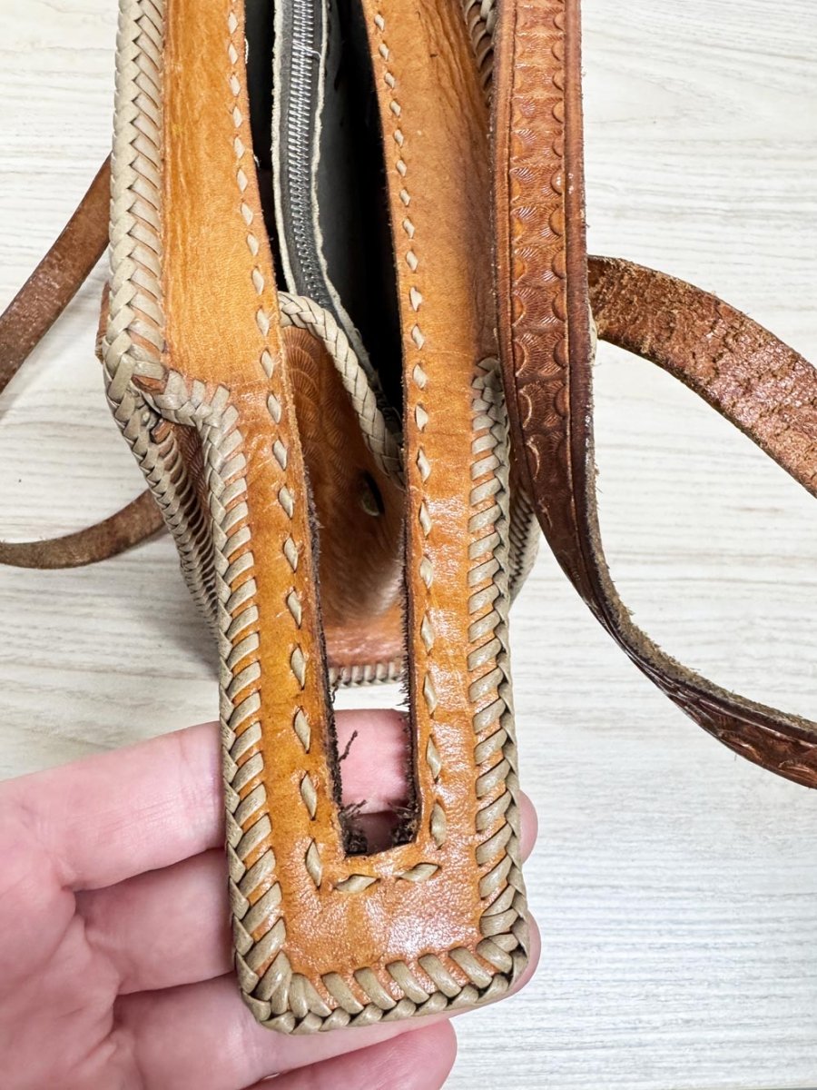 vintage 70s tooled leather braided edge structured handbag | lightning zipper - good market thrift store