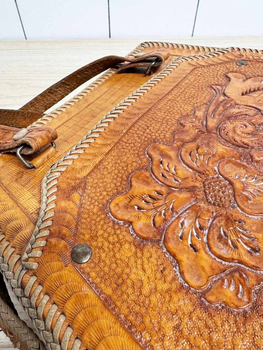 vintage 70s tooled leather braided edge structured handbag | lightning zipper - good market thrift store