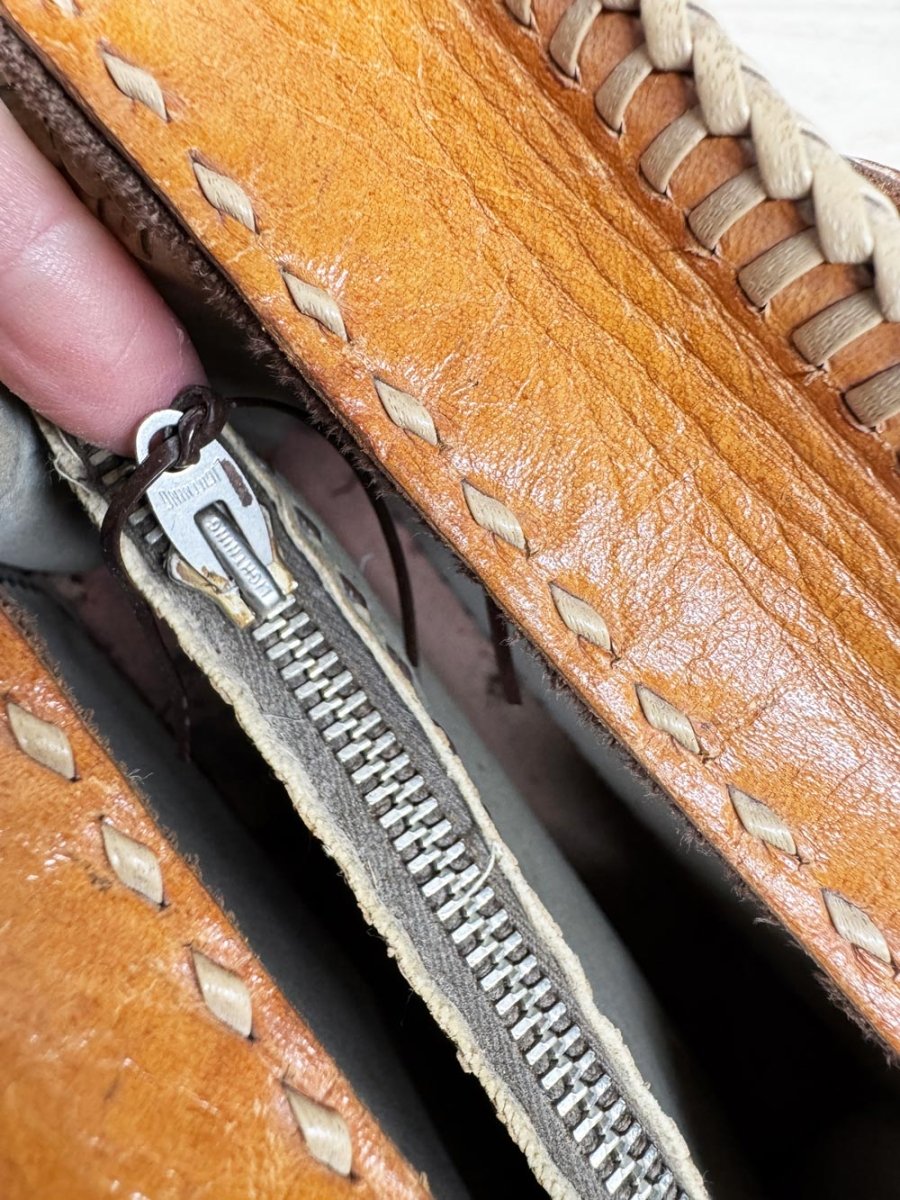 vintage 70s tooled leather braided edge structured handbag | lightning zipper - good market thrift store