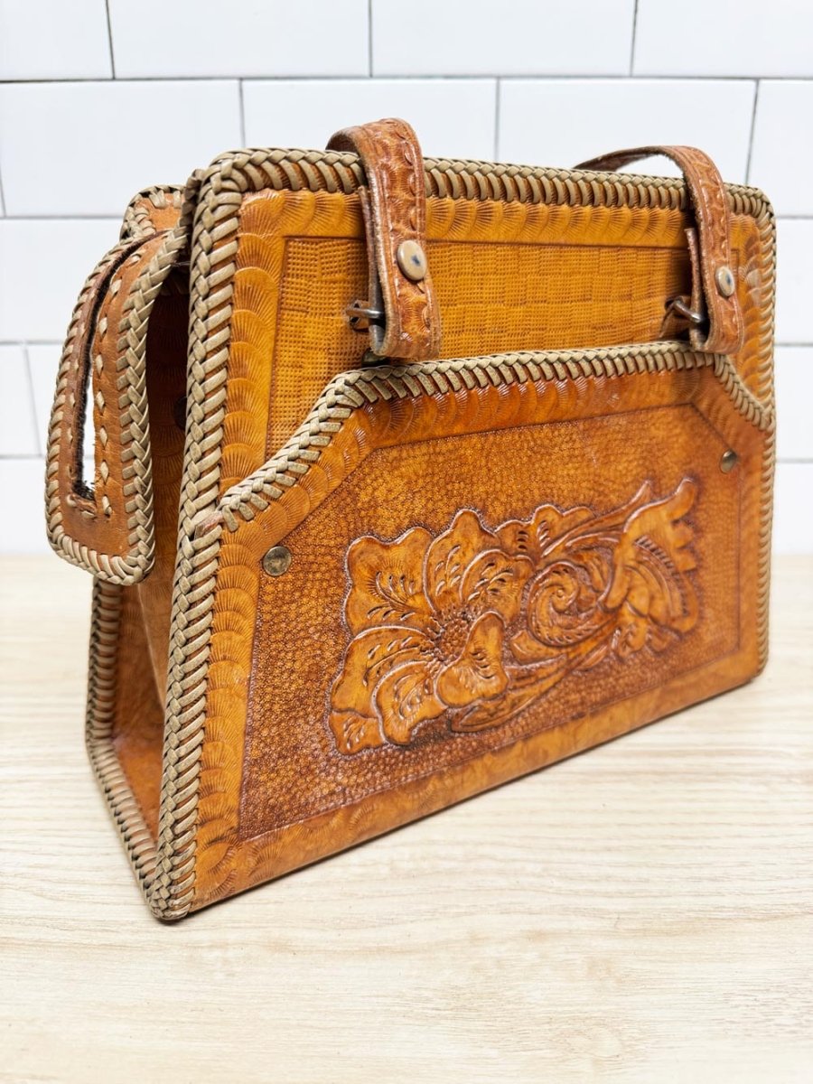 vintage 70s tooled leather braided edge structured handbag | lightning zipper - good market thrift store