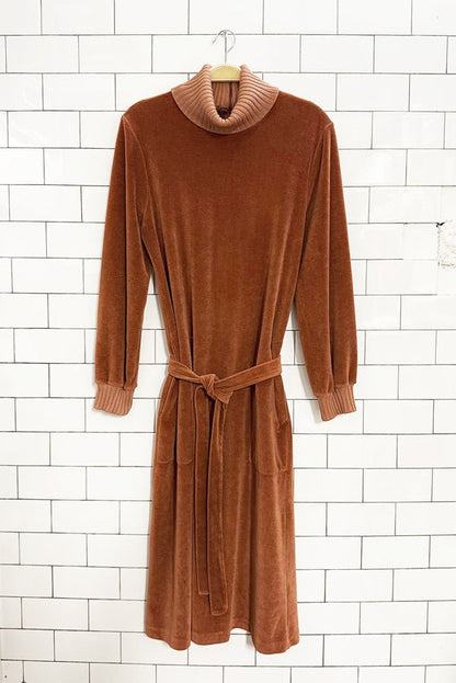 vintage 70s velour knit collar with tie waist dress - good market thrift store