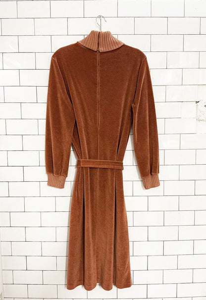 vintage 70s velour knit collar with tie waist dress - good market thrift store