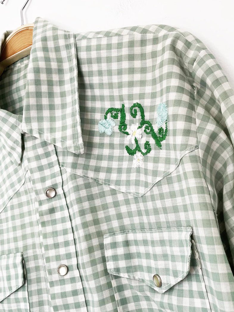vintage 70s western plaid floral embroidery pearl snap button shirt - good market thrift store