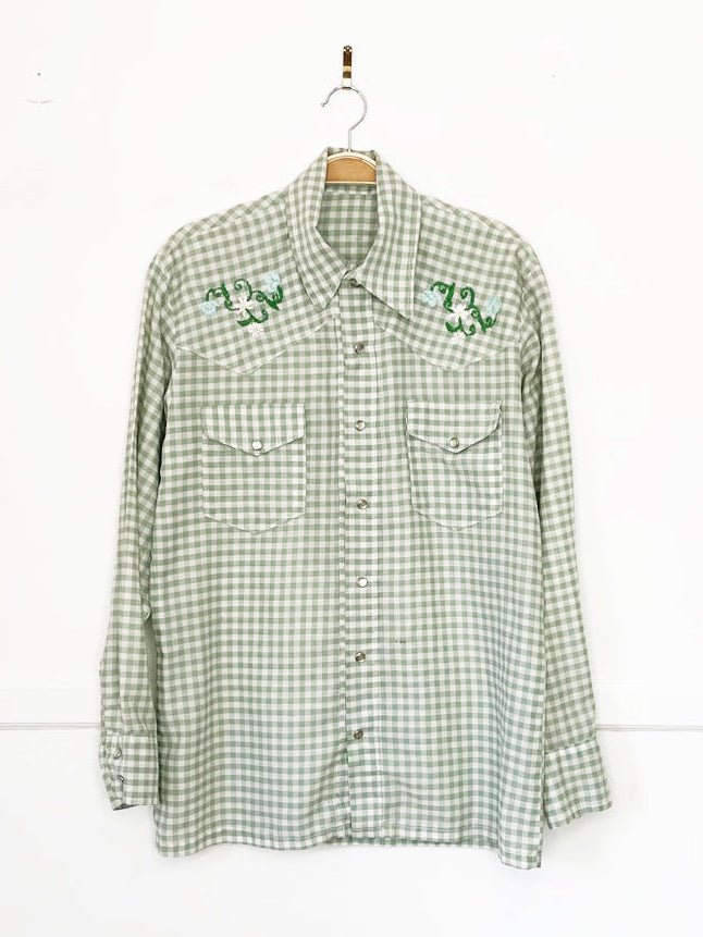 vintage 70s western plaid floral embroidery pearl snap button shirt - good market thrift store