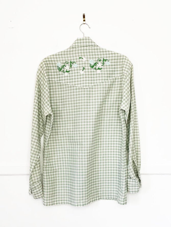 vintage 70s western plaid floral embroidery pearl snap button shirt - good market thrift store