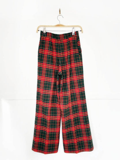 vintage 70s wool tartan pleated wide leg trousers - good market thrift store