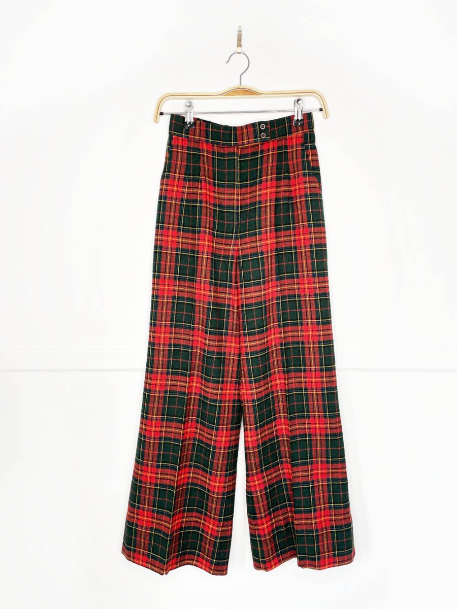 vintage 70s wool tartan pleated wide leg trousers - good market thrift store