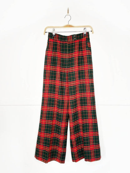 vintage 70s wool tartan pleated wide leg trousers - good market thrift store