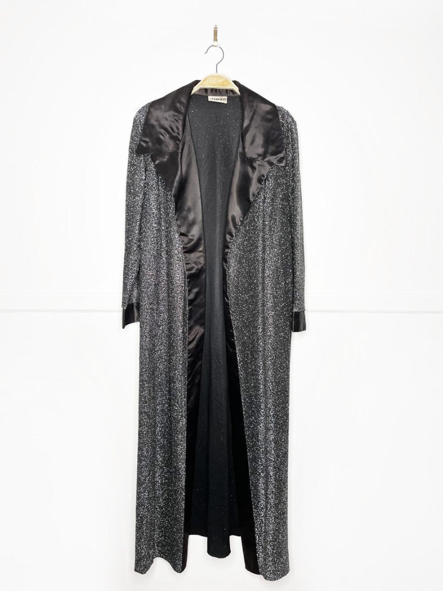 vintage 70s yakko silver glitter + black satin duster jacket - good market thrift store