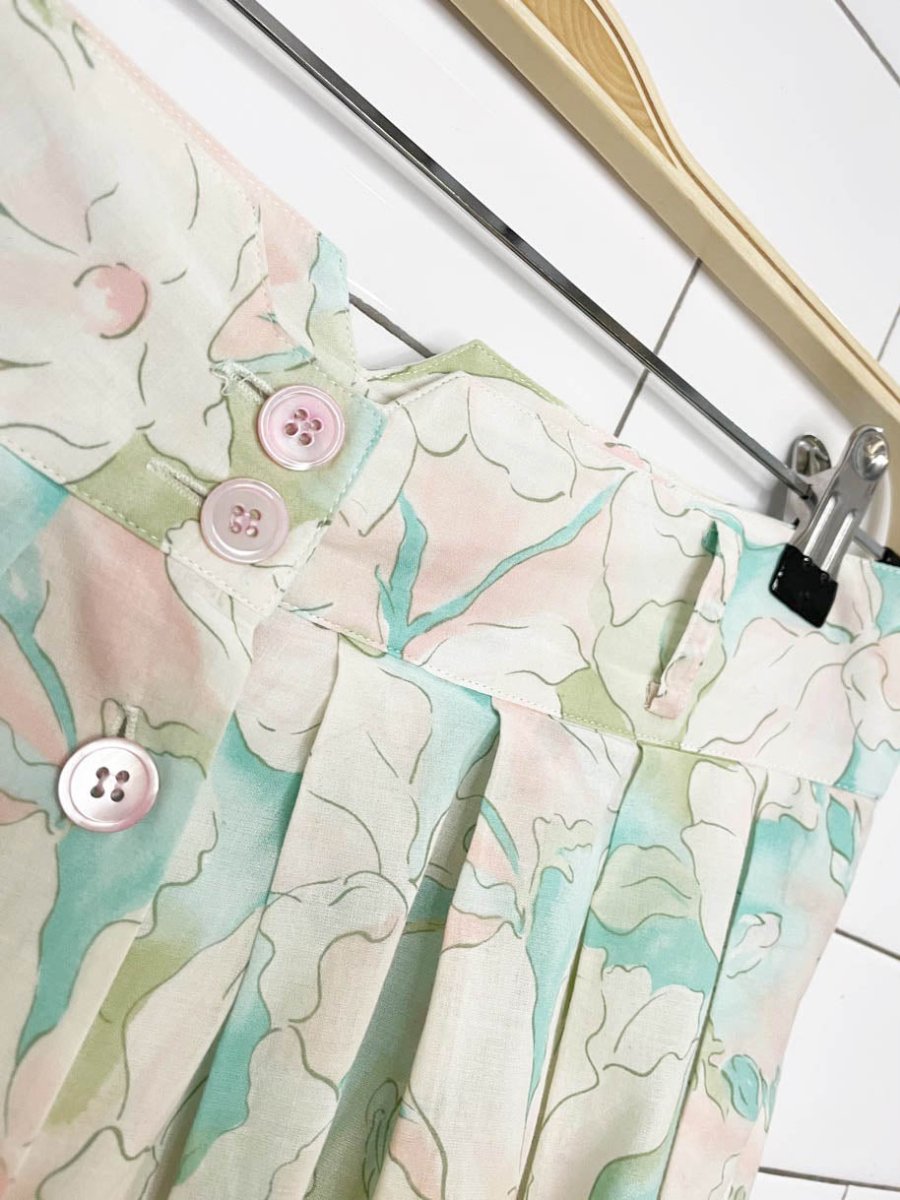 vintage 80s alain cannelle pleated floral full button midi skirt - good market thrift store