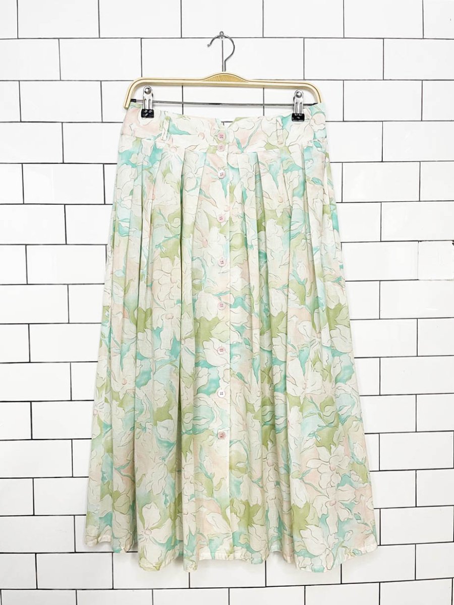 vintage 80s alain cannelle pleated floral full button midi skirt - good market thrift store