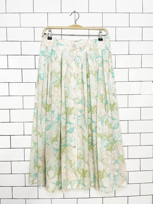 vintage 80s alain cannelle pleated floral full button midi skirt - good market thrift store