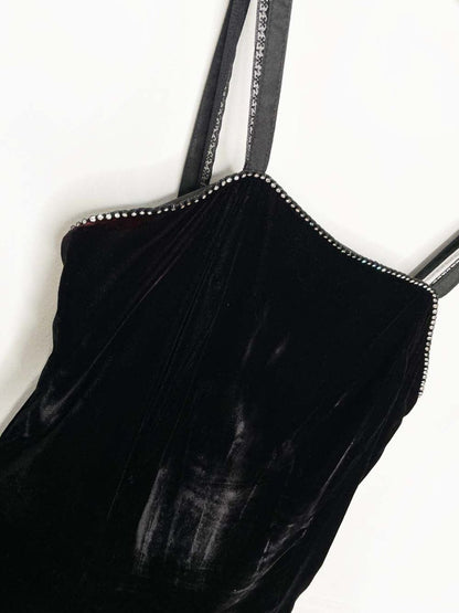 vintage 80s algo - ettes velvet fit and flare midi dress | rhinestone trim - good market thrift store