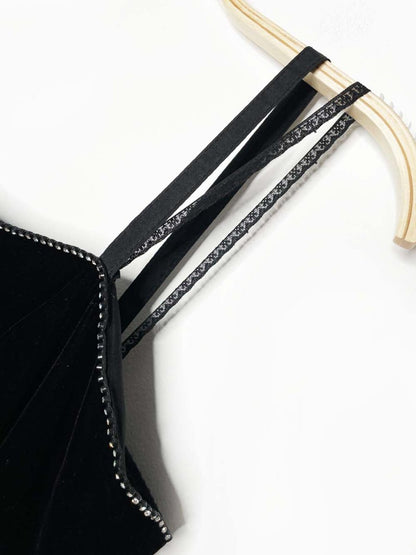 vintage 80s algo - ettes velvet fit and flare midi dress | rhinestone trim - good market thrift store