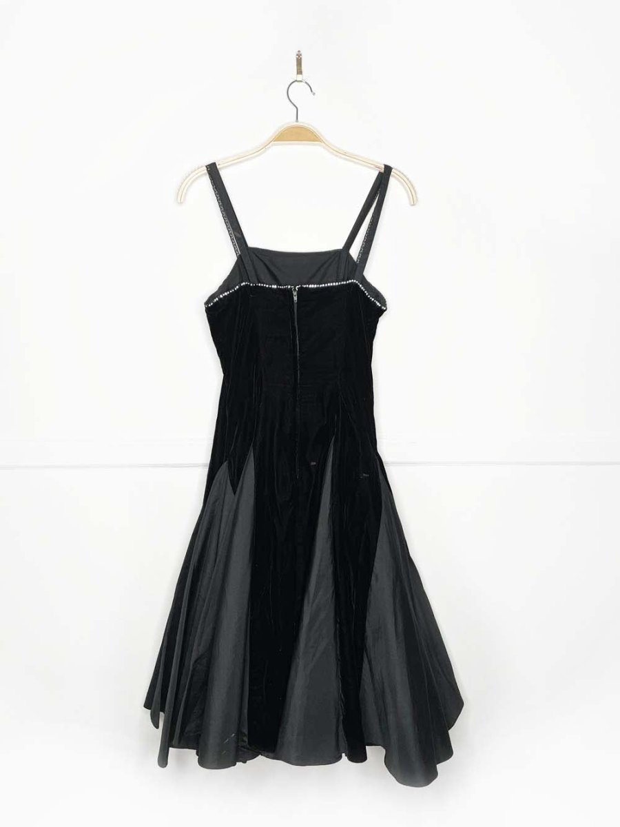 vintage 80s algo - ettes velvet fit and flare midi dress | rhinestone trim - good market thrift store