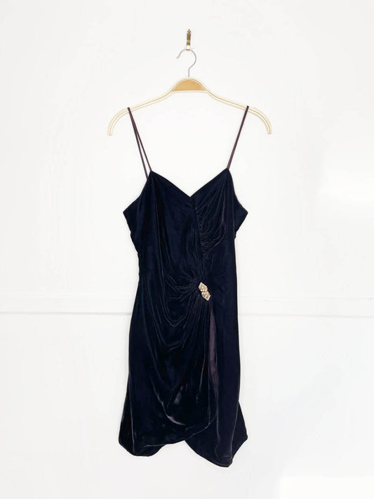 vintage 80s algo velvet ruched wrap mini dress | pearl broach - good market thrift store