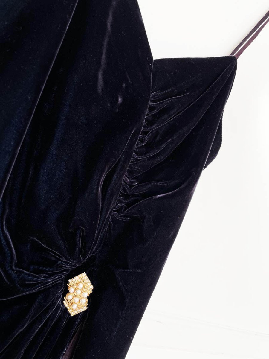 vintage 80s algo velvet ruched wrap mini dress | pearl broach - good market thrift store