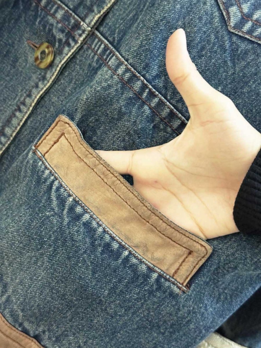 vintage 80s betty barclay denim utility jacket | leather + sherpa | lined - good market thrift store