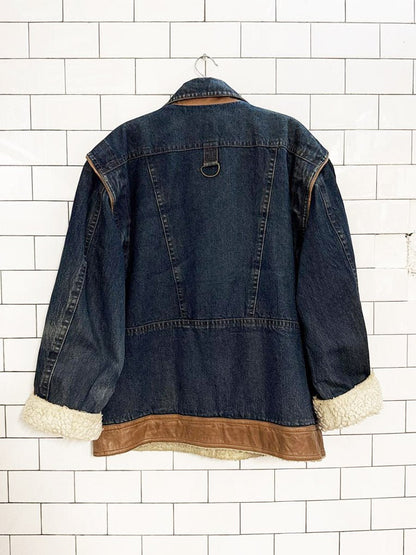 vintage 80s betty barclay denim utility jacket | leather + sherpa | lined - good market thrift store