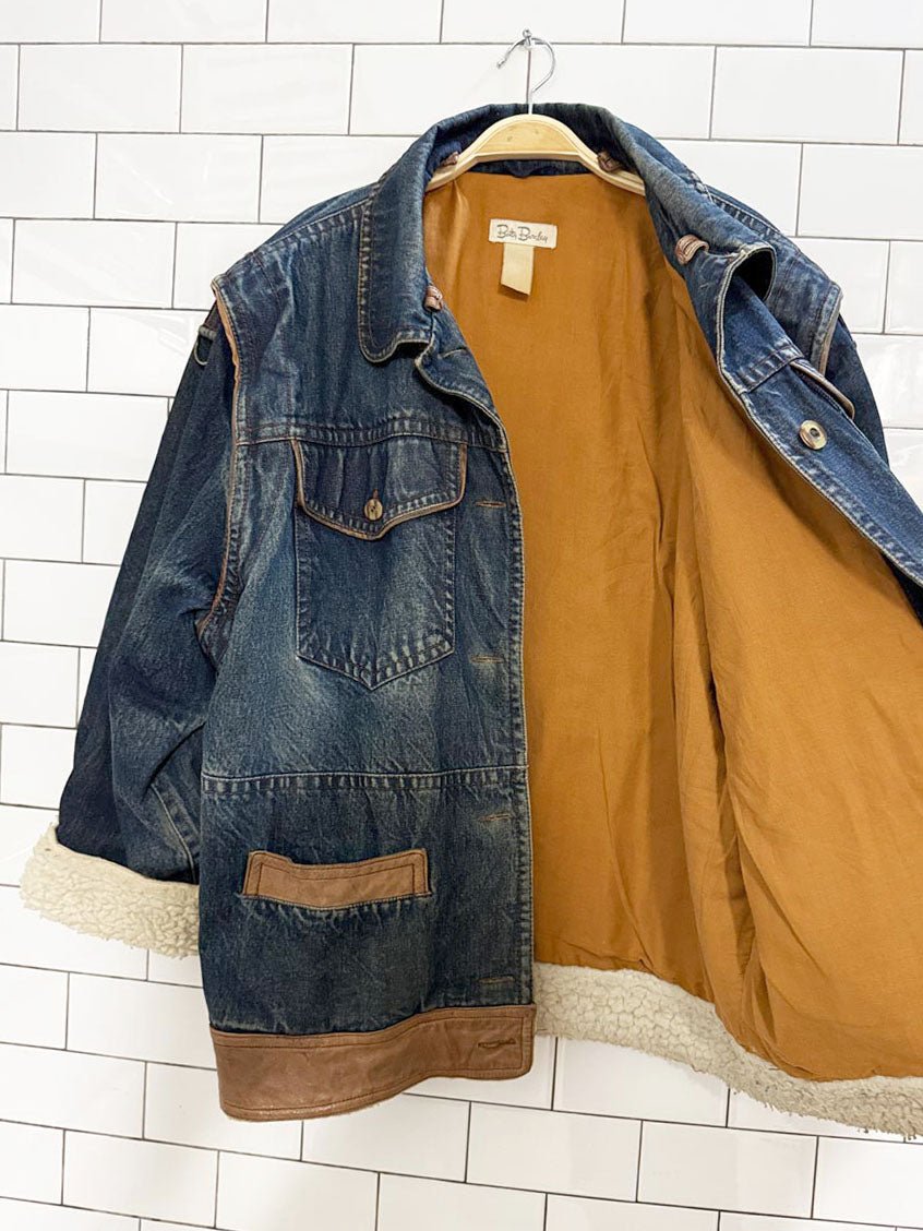 vintage 80s betty barclay denim utility jacket | leather + sherpa | lined - good market thrift store
