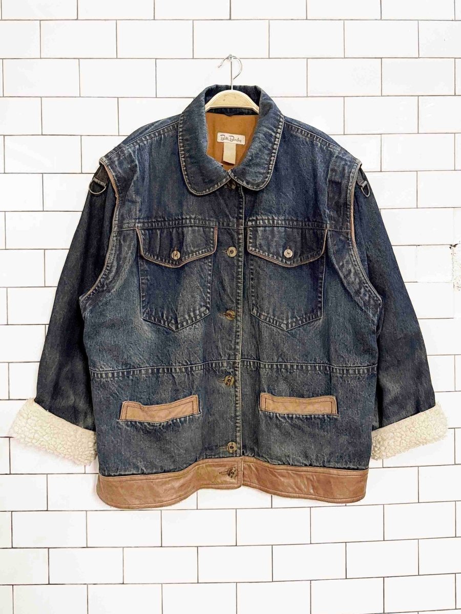 vintage 80s betty barclay denim utility jacket | leather + sherpa | lined - good market thrift store
