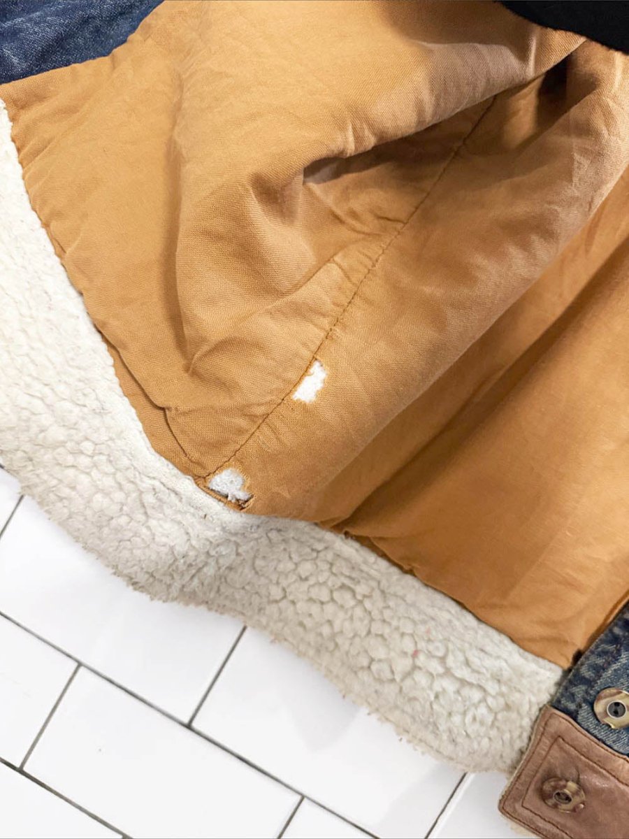 vintage 80s betty barclay denim utility jacket | leather + sherpa | lined - good market thrift store