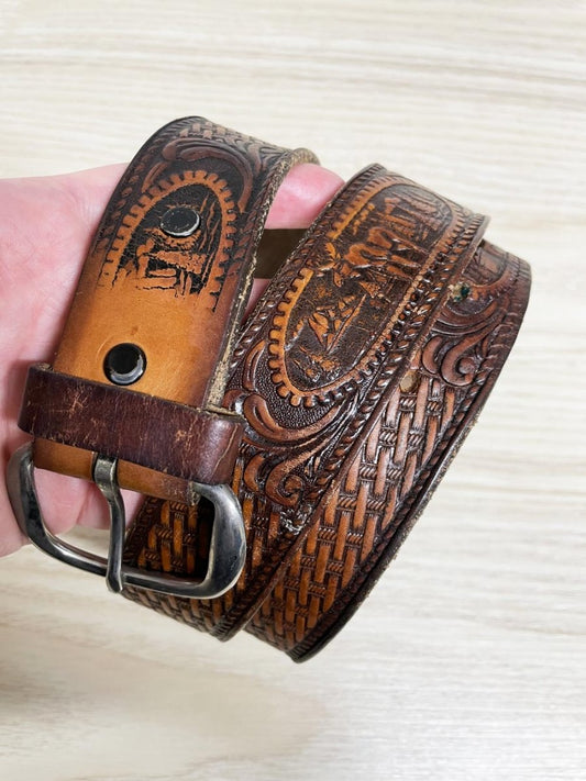 vintage 80s brushy creek tooled leather moose nature scene belt | made in USA - good market thrift store