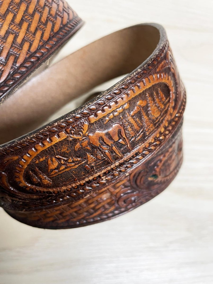 vintage 80s brushy creek tooled leather moose nature scene belt | made in USA - good market thrift store